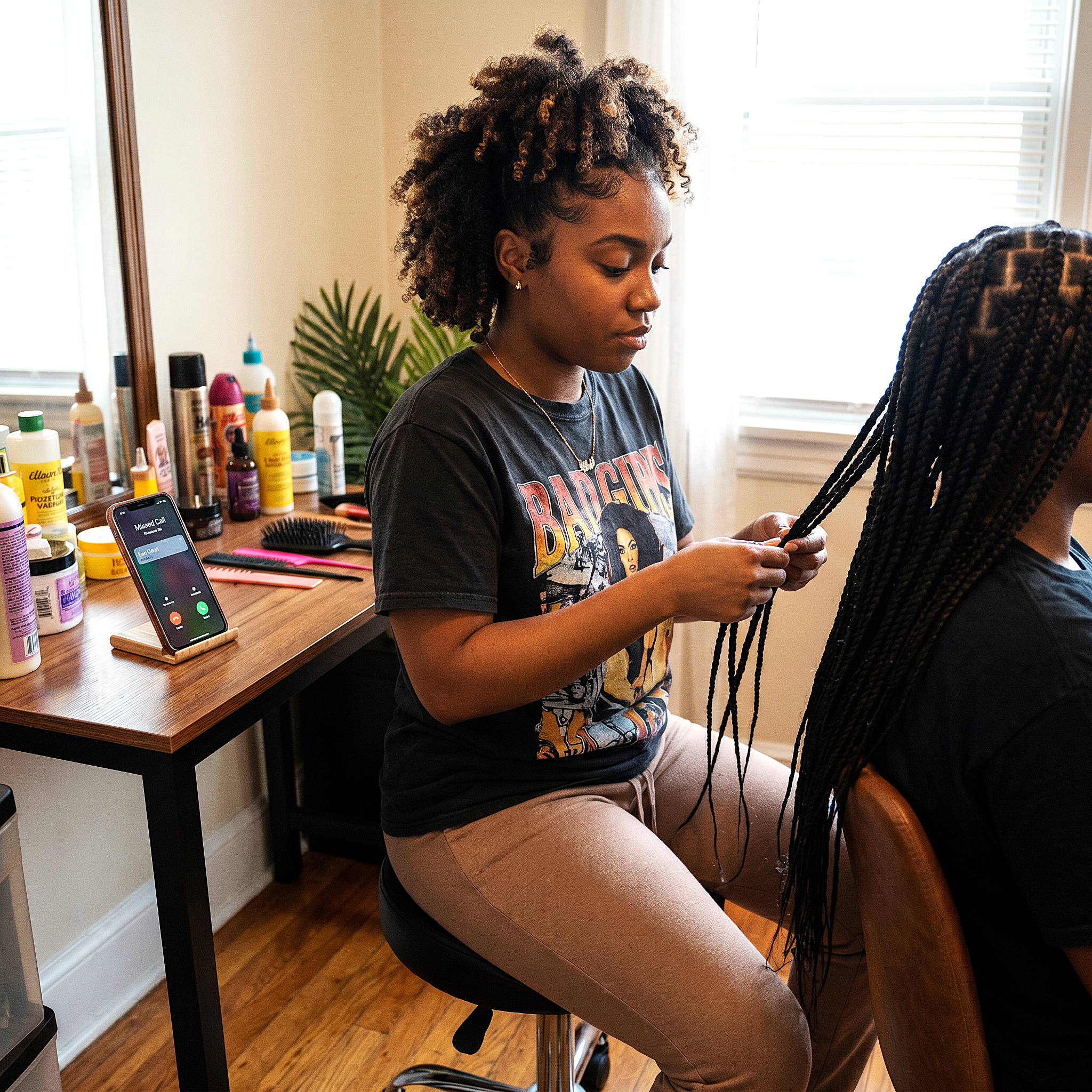Braider working while clients are handled by BraidsBot™